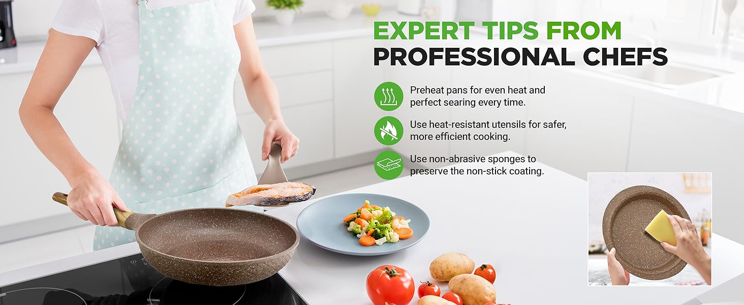 professional chef tips preheat utensils nonstick sponges durable heat-resistant frying pans cooking