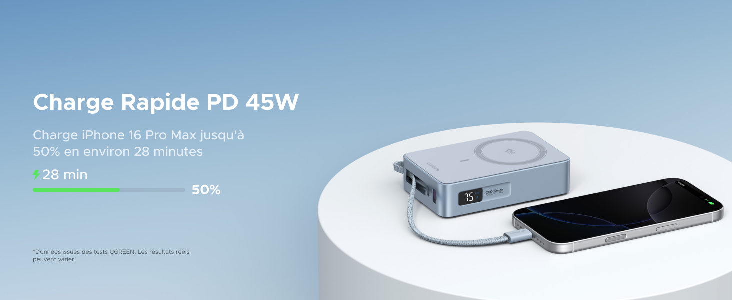 Le texte « Charge Rapide DP 45W » indique un angle supplémentaire entre l'appareil de charge et l'iPhone et affiche la progression du chargement sur fond bleu clair.