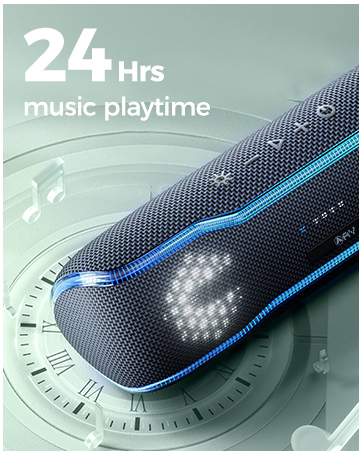 Cylindrical portable speaker with textured surface, blue LED light strip, and illuminated display. Text indicates 24 hours of music playtime.