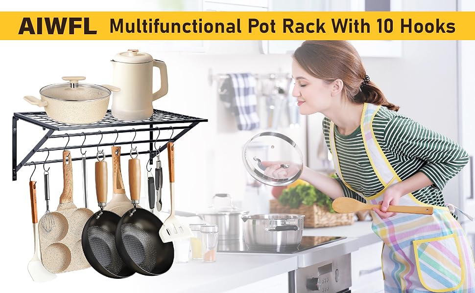 AIWFL Pots Hanging Rack, Wall Mounted Pot Racks and Pan Hanger, Pans Organiser with 10 S Shape