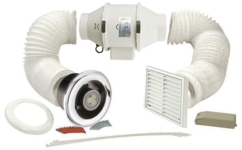 AirTechUK Inline Bathroom Loft Extractor Fan Kit with LED Light and Run on TImer 100mm / 4
