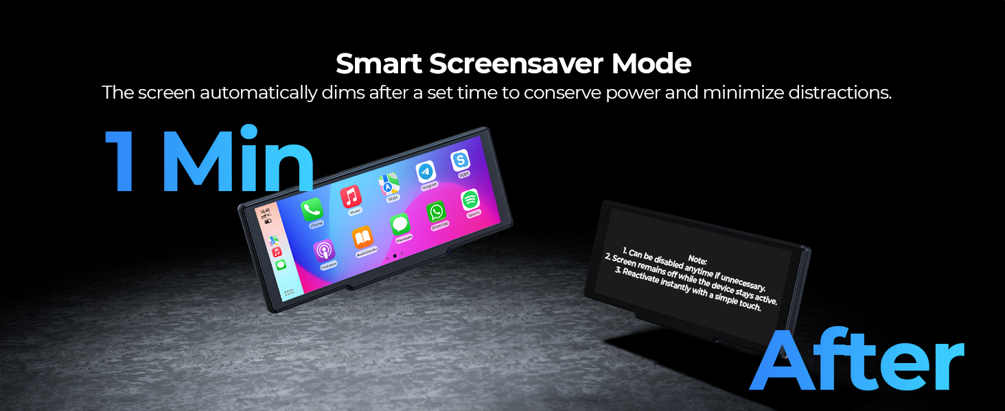 Smartphone demonstrating Smart Screensaver Mode, showing screen dimming after 1 minute to conserve power and minimize distractions.