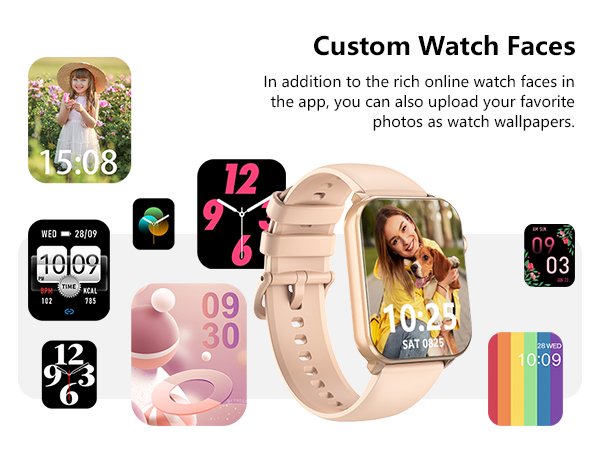 Text reads 'Custom Watch Faces'. Multiple smartwatch displays showing various customizable watch face designs with digital time displays in different styles and colors. Pink watch band visible.