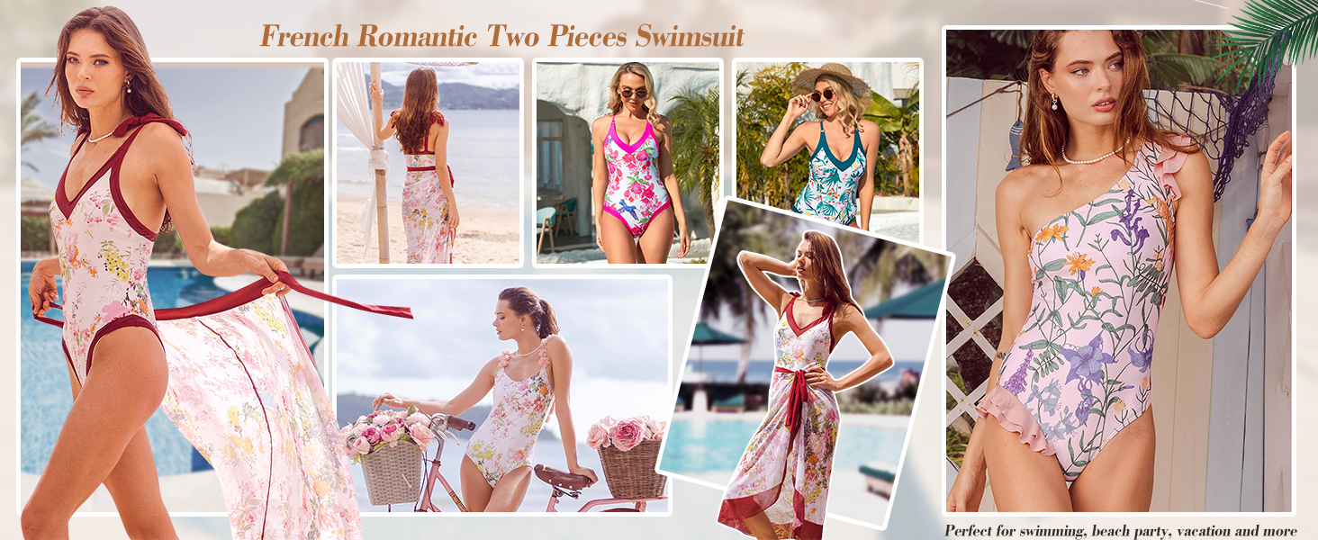 Women One Piece Swimsuit with Beach Sarong Coverup