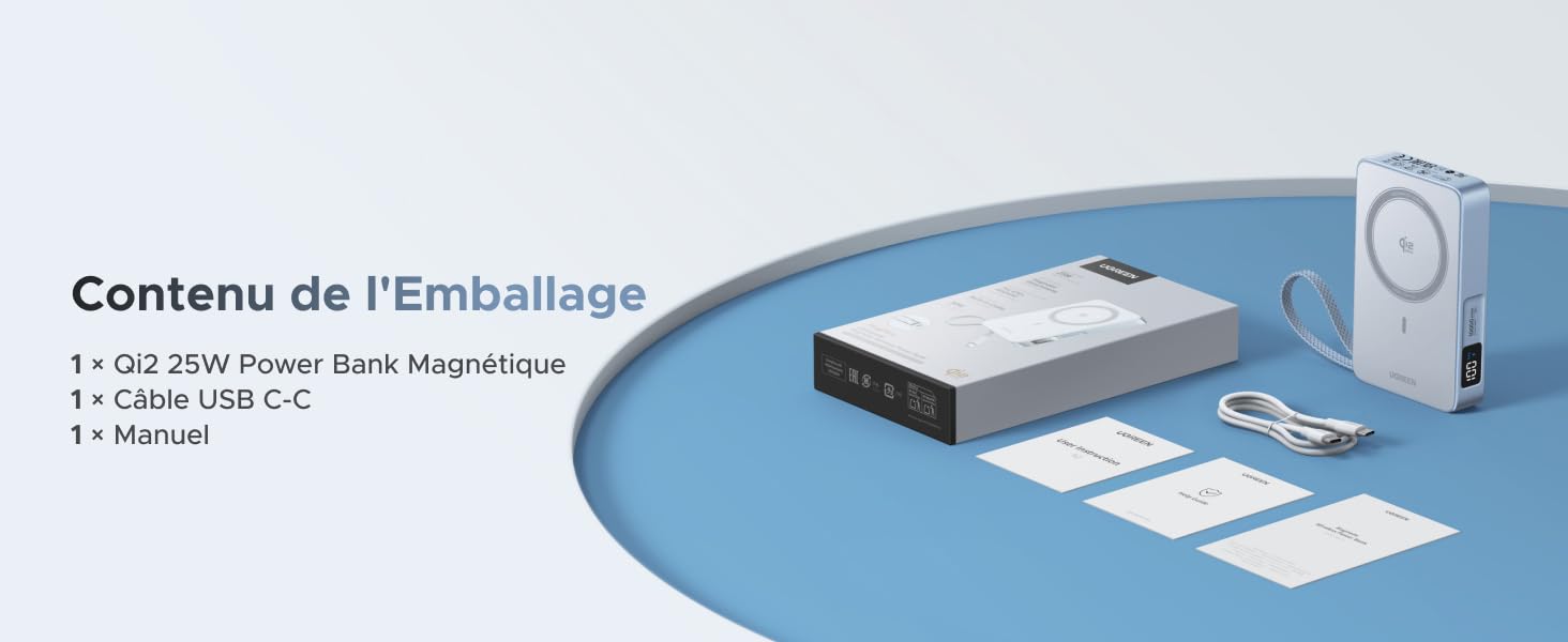Le texte se lit comme suit : « Contenu de l'Emballage ». Schéma d'emballage du produit montrant les composants d'un appareil, y compris l'unité de base et les accessoires, disposés en vue éclatée sur un fond dégradé bleu-blanc.