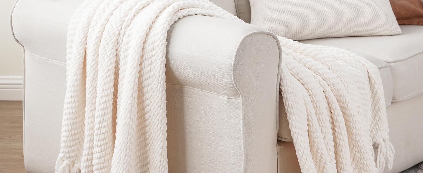 BATTILO HOME Beige Throw Blanket for Couch, Textured Soft Knitted Throw Blanket with Tassels