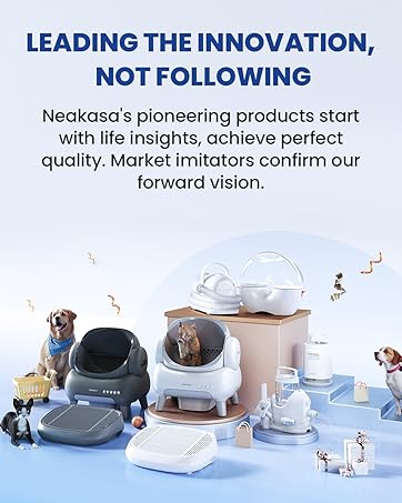 Display of Neakasa pet products including litter boxes, water fountains, and grooming tools. Various dog and cat figures shown interacting with the products on a blue background.