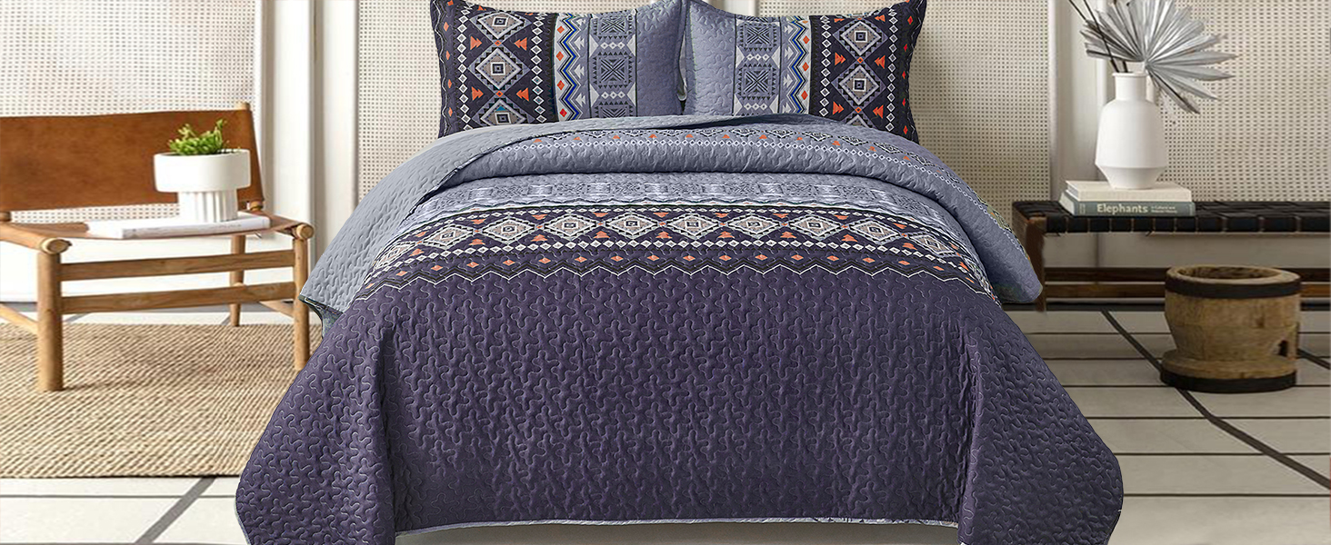 WONGS BEDDING Boho Quilt Set Full,3 PCS Navy Blue Quilt