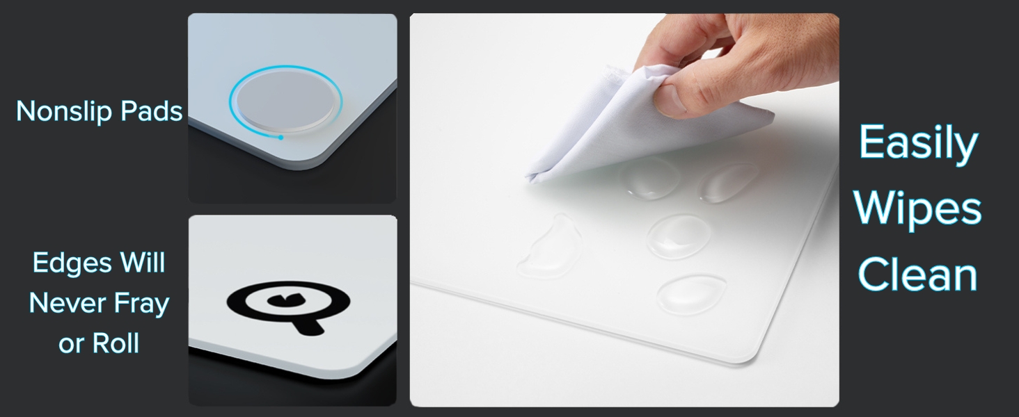 features of the mousepad, nonslip pads, easy to clean, edges won't fray or roll