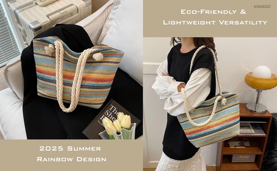KIMAGIC Summer Rainbow Handwoven Straw Hobo Bag