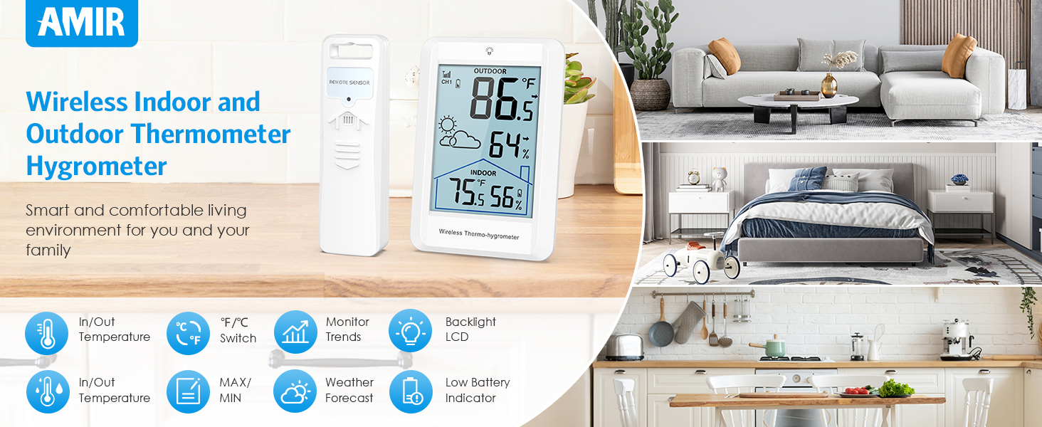 AMIR Indoor Outdoor Thermometer Wireless Weather Stations, Accurate