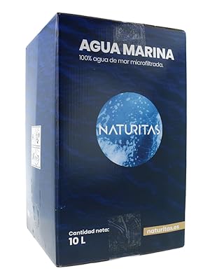 Caja de cartón azul etiquetada como «Agua Marina» de Naturitas. Contiene 10 litros de agua de mar 100% microfiltrada. Envasado de productos para agua potable.