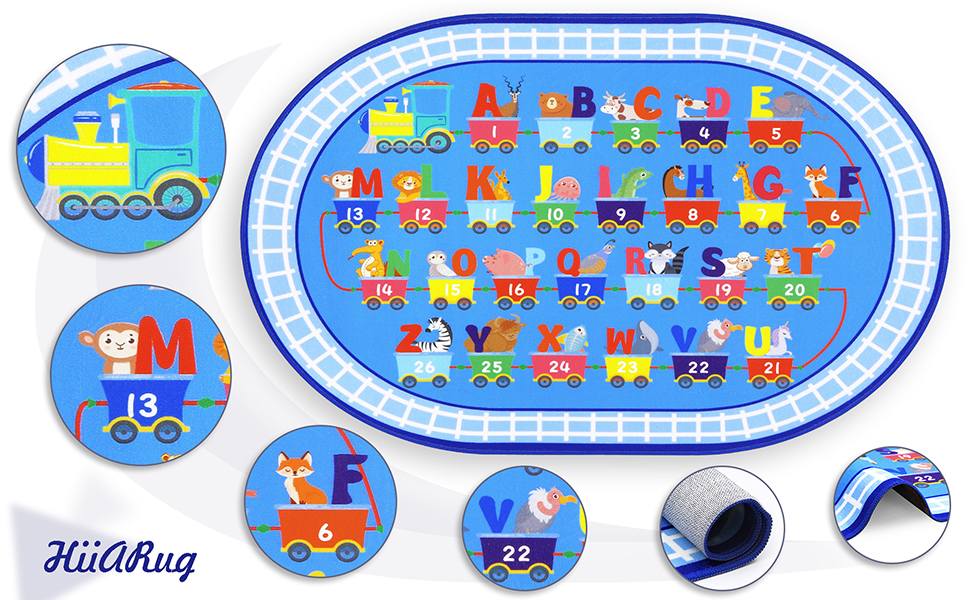 HiiARug Kids Play Rug Oval ABC Alphabet Numbers Educational Rug Train and Road Rug Baby Play Mat