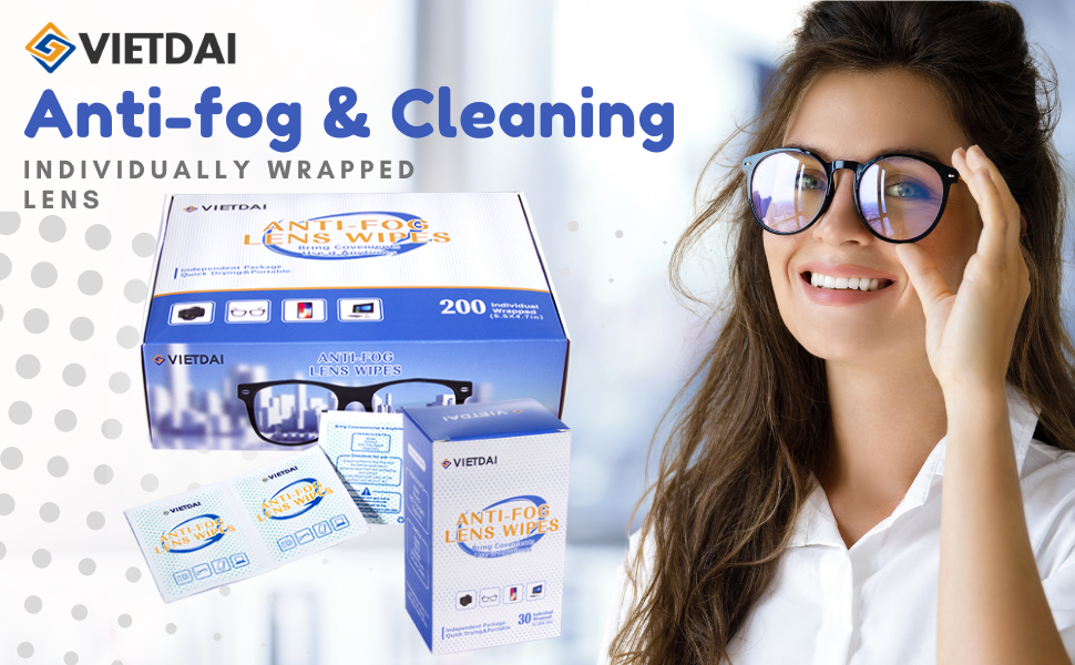 Anti Fog Lens Wipes for Glasses Cleaner Wipes VIETDAI 200 PreMoistened
