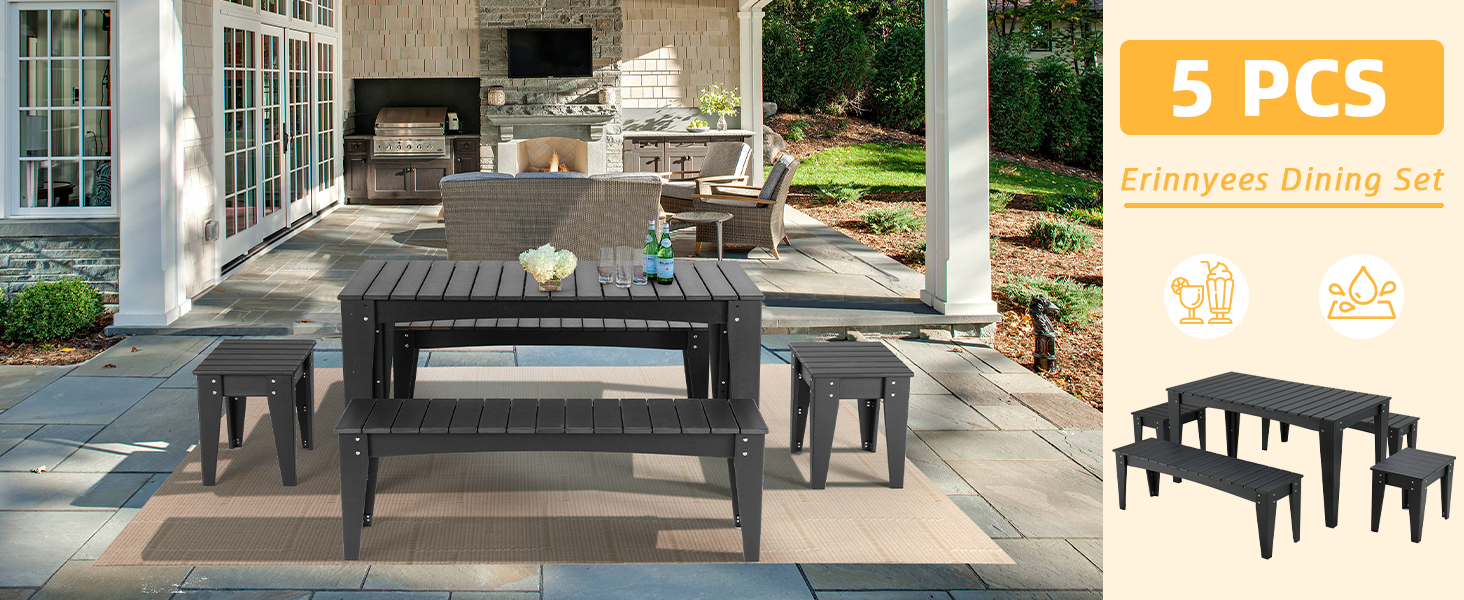 Erinnyees HDPE 5 Piece Patio Dining Set, Outdoor Table