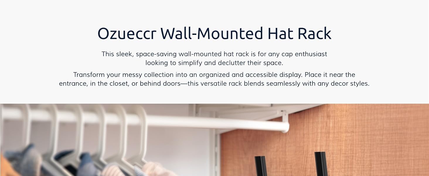 multiple caps neatly organized on ozueccr wall mounted hat rack to declutter and organize