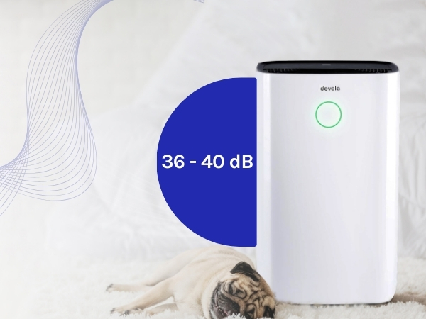 White cylindrical air purifier with illuminated power indicator and noise level rating of 36-40 dB displayed. A sleeping pet rests nearby.