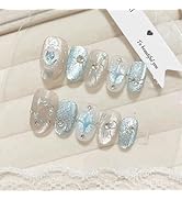 30pcs Blue Press on Nails Short Almond Fake Nails with 3D Gold Bow Heart Star Acrylic Nails Desig...