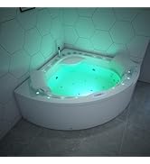 Eckbadewanne mit türkisfarbenen LED-Leuchten und mehreren Düsen, an einer sechseckigen Fliesenwand angebracht. Verfügt über eingebaute Sitzgelegenheiten und eine moderne weiße Acrylkonstruktion