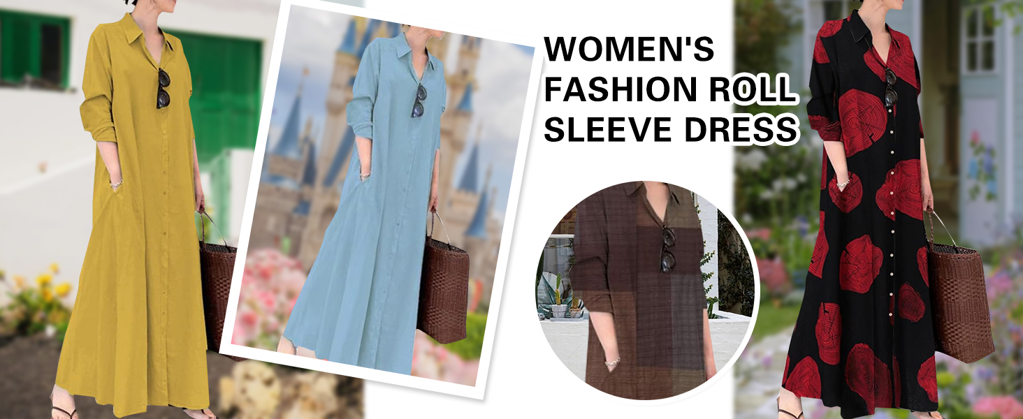 Women Trendy Rolled Up Sleeve Plus Size Shirt Dress Button Down Ankle Length