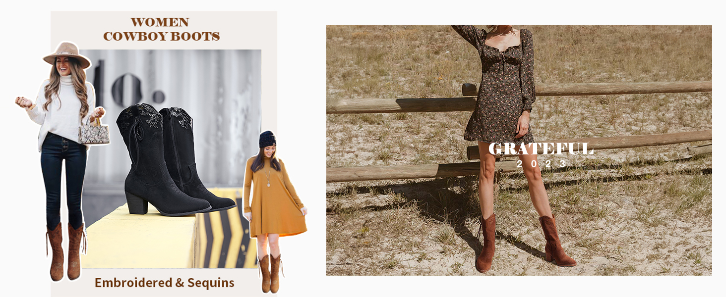 High Heel Suede Zipper Mid Calf Cowboy Cowgirl Booties