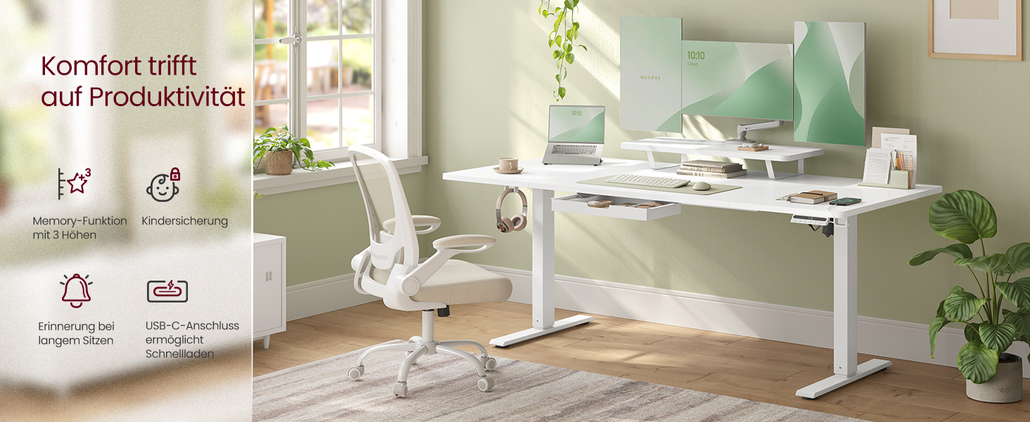 Magasságállítható íróasztal rendszer különböző pozíciókban, fehér felülettel és emelőmechanizmussal.