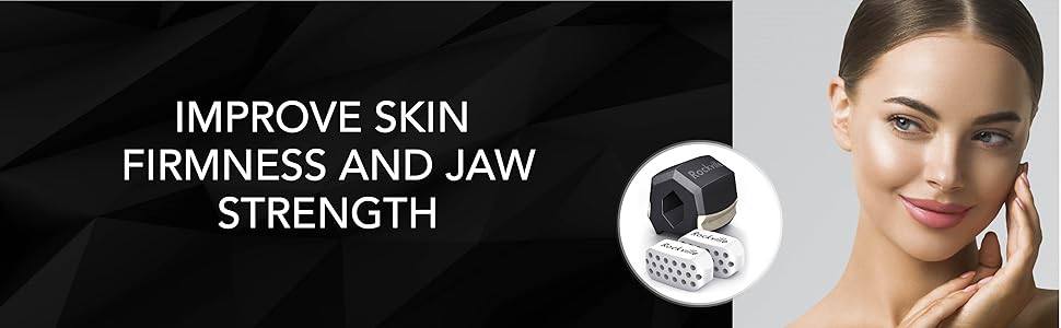 Woman looking satisfied/happy while touching jaw line