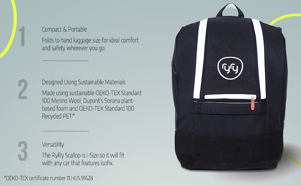 Compact and portable child car seat with carry cover. Fits all Isofix cars