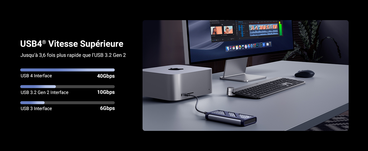 Configuration multimédia numérique montrant un appareil compact argenté doté de ports USB, connecté à un moniteur et à des périphériques sur une surface de bureau sombre