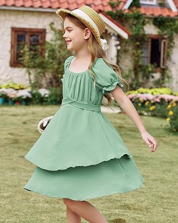 Arshiner Girls Summer Dress Puff Sleeves Chiffon Dress A-Line Tiered Dress