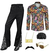 Mens 70s Disco Outfit, 6 Pcs Retro Disco Costume Bell Bottom Pants Shirts Wig Glasses Necklace Mu...