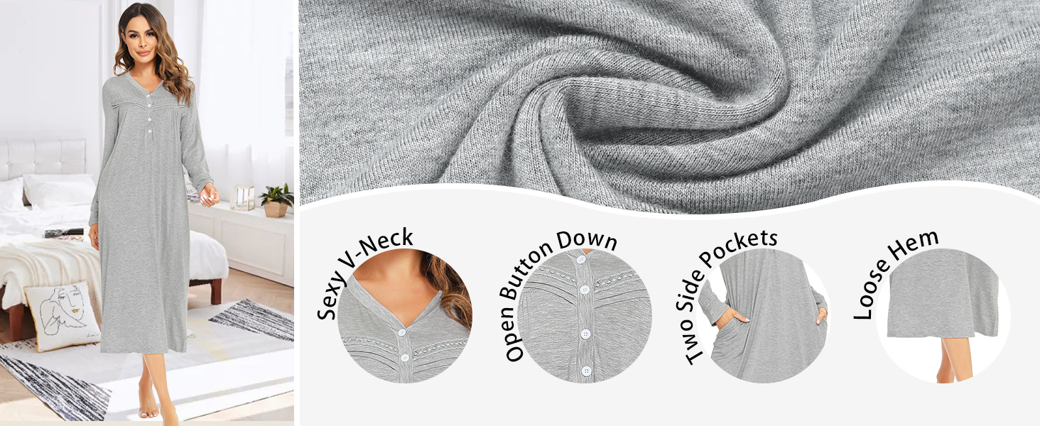 Vlazom Women's Long Nightgowns V Neck Button Down Sleep Shirt Soft Nightdress Sleepwear Loungewear S-XXL 18 ladies viscose nightdresses,nightdress,nightdresses for women uk