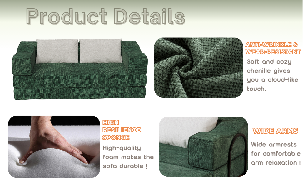 80" Folding Floor Sofa Bed Modular Futon Couch Bed with 2