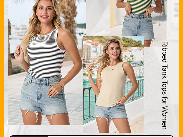 ONLYSTORY Women's Stripe Ribbed Knit Tank Tops Summer Casual