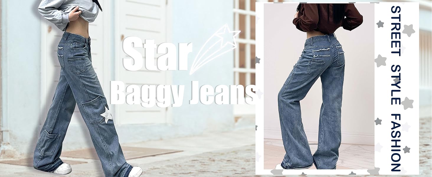 Pentagram Print Star Jeans Y2k Cargo Pants Women High Waist Cyber Y2k Jeans for Women Star Pants