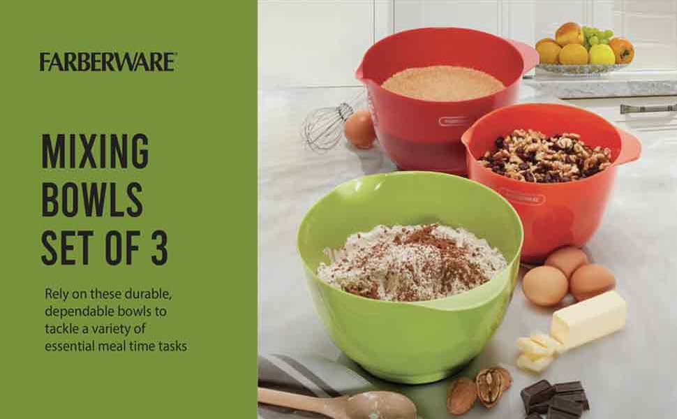 Farberware Professional Plastic Mixing Bowls, Set of 3, Orange/Red