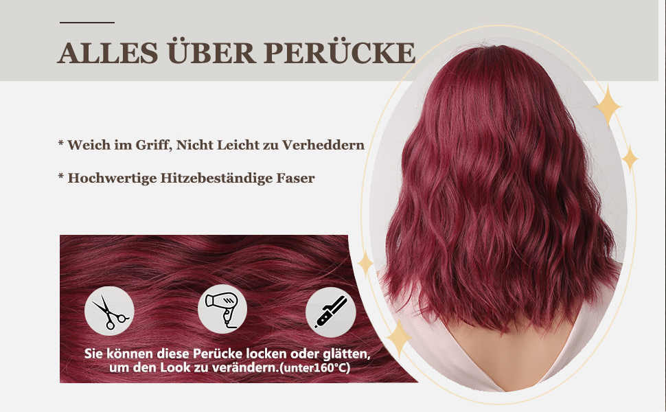Esmee Kurze Welle Rot Bob Perücken mit Pony 