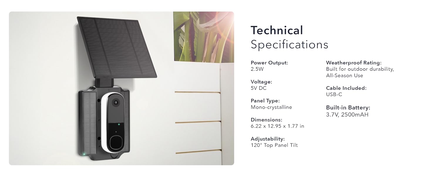 Power Output: 2.5W Voltage: 5V DC Panel Type: Monocrystalline Built-in battery: 3.7V, 2500mAH