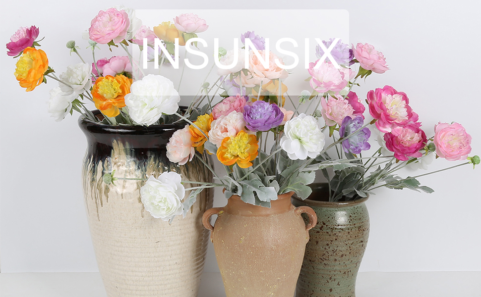 INSUNSIX Champagne Artificial Peonies 6pcs Ranunculus Silk