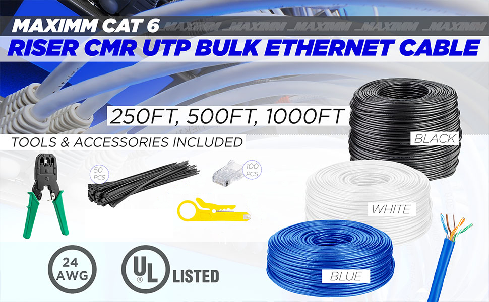 Maximm Cat6 Heavy Duty Outdoor Cable 300 ft Black Zero Lag Pure Copper