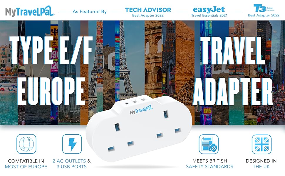 MyTravelPal UK to Europe Travel Adapter With USB & USBC 2 Way