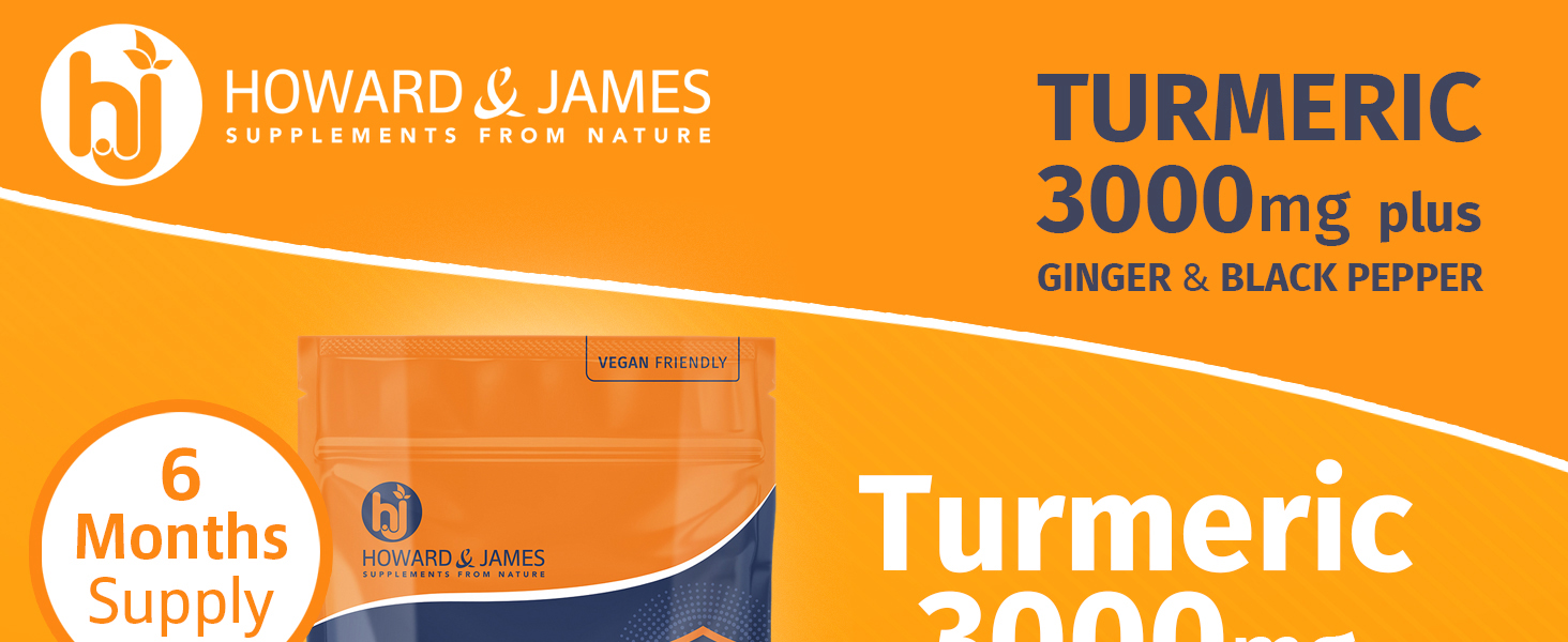 Turmeric Ginger and Black Pepper by Howard & James 3000mg of Turmeric, 100mg Ginger plus pepper.