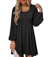 Dokotoo Womens 2025 Casual Dress Smocked Crewneck Button Up Long Sleeve Empire Waist A-Line Mini ...