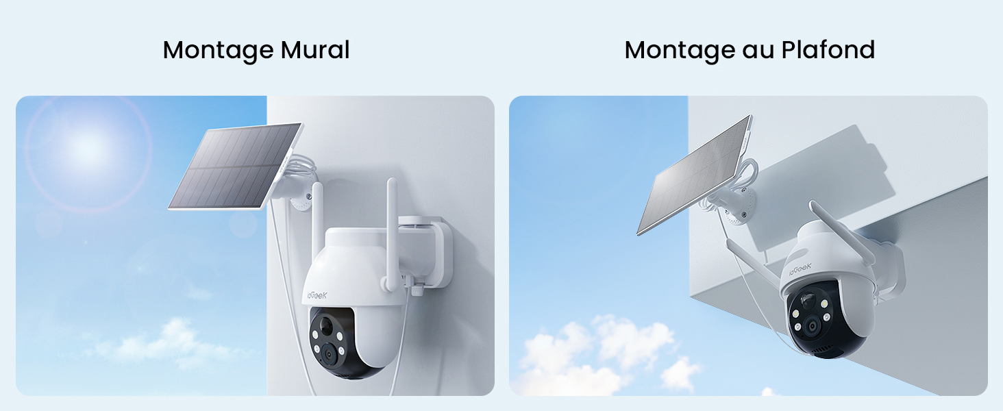Le texte indique « Montage mural » et « Montage au Plafond ». Schémas d'installation montrant les instructions de montage au mur et au plafond avec les composants matériels.