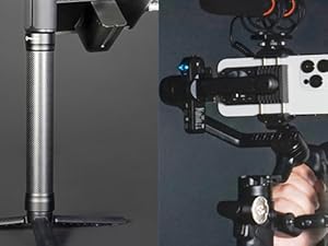 Primer plano de la configuración de un equipo de cámara profesional que muestra el hardware de montaje y el sistema de estabilización con la cámara del iPhone Pro conectada.