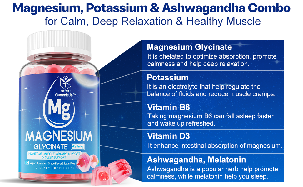 Sugar Free Magnesium Glycinate Gummies with Melatonin, D3, B6, Ashwagandha