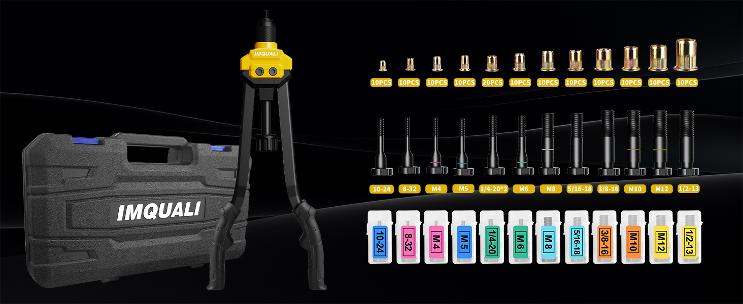 rivet nut tool with 13 mandrels and 130 rivet nuts