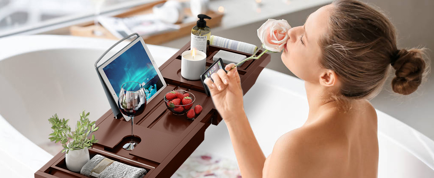 Foldable Bamboo Bathtub Caddy Tray Expandable for Luxury