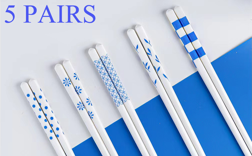 Chopsticks Reusable Dishwasher Safe 5PC Blue Porcelain Chopsticks Hepburn Style,High