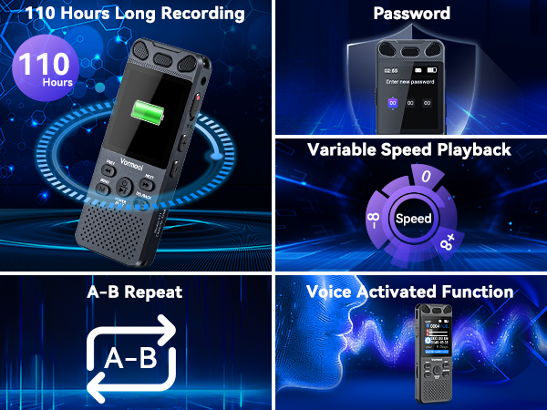 Vormooi 128GB Voice Recorder - 1536KBPS HD Audio, 40H Battery, USB-C (Blue Metal)